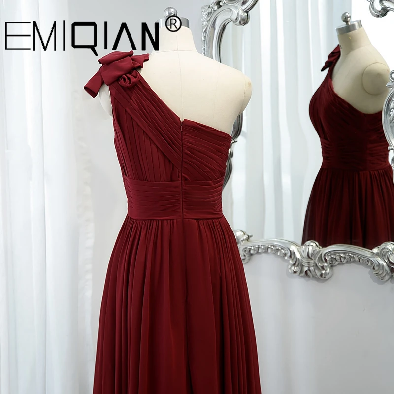 A Line One Shoulder Burgundy Chiffon Prom Dress