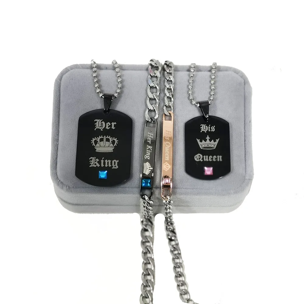 Stainless Steel Her King And His Queen Couple Necklace Pink Blue Crystal Couple Bracelet Necklace Jewelry Set