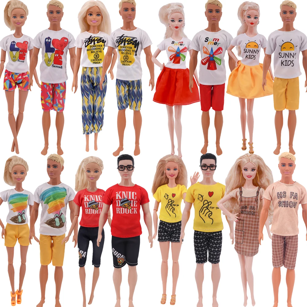 2 Pcs/Lot Doll Clothes Handmade Couple Suit T-shirt Pants Dresses Fit 11.8 inch Barbies And Ken Doll Casual Daily Wear Clothes