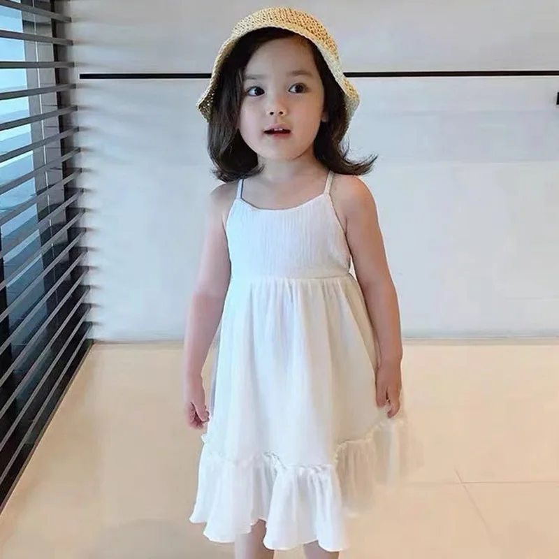 2021 New Summer Girls' Dress Korean Solid Color Casual Sleeveless Backless Party Princess Dress Cute Children's Girls Sundress