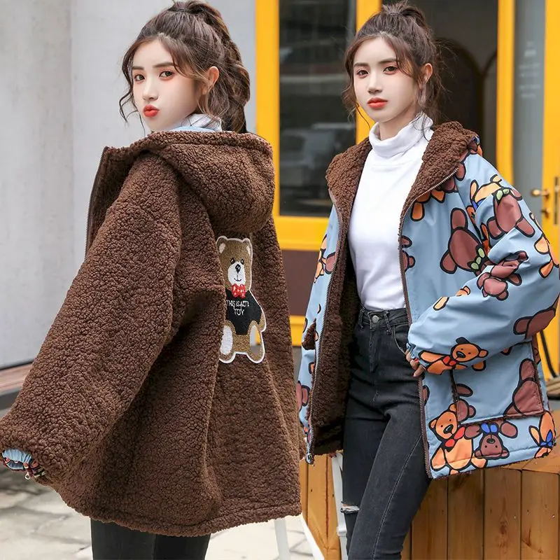 Double-sided Printed Bear Lamb Wool Cotton-padded Jacket Womens 2024 Autumn Winter Student Hooded Jackets Korean Fashion Casual