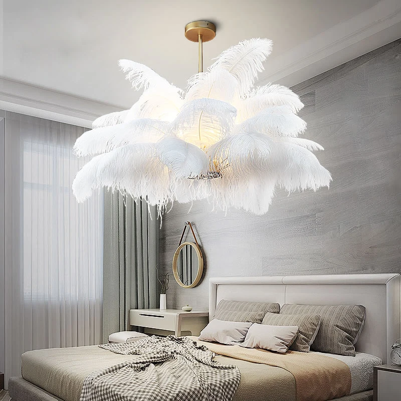 

Nordic Bedroom Feather Chandelier Modern Art Lighting Golden LED Living Room Lamp Warm And Romantic Home Decoration