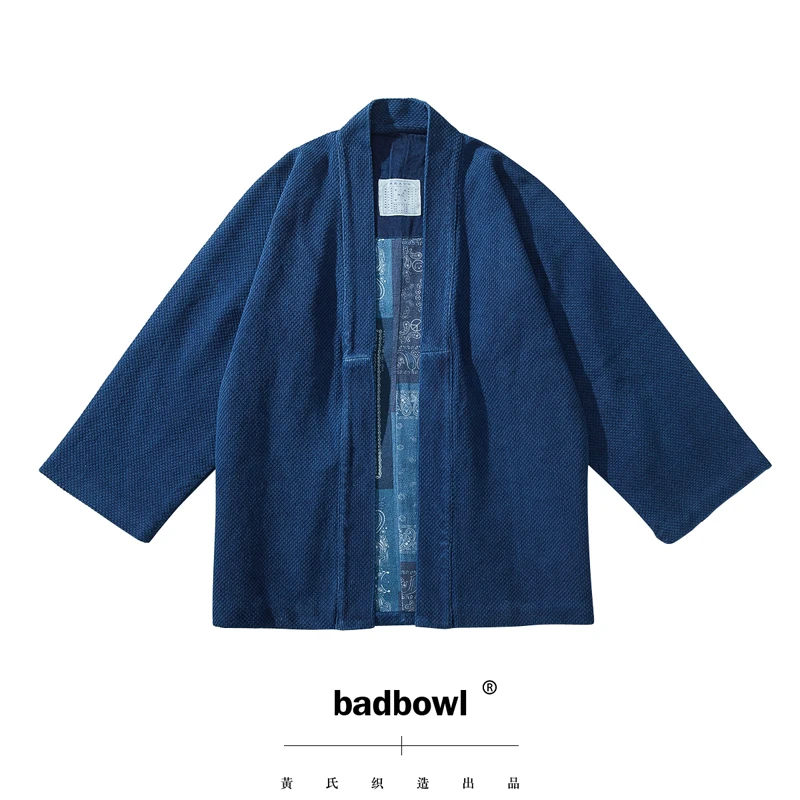 BADBOWL Kimono de planta índigo Retro japonés para hombre, bata de carretera teñida azul, tela pesada Kendo, chaqueta de media manga, cárdigan