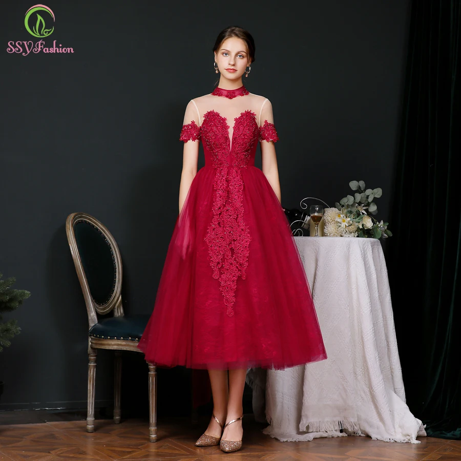 Clearance Customized   Luxury Wine Red Cocktail Dress High-neck Tea-length Lace Crystal Beading Formal Gown Vestido De Noche