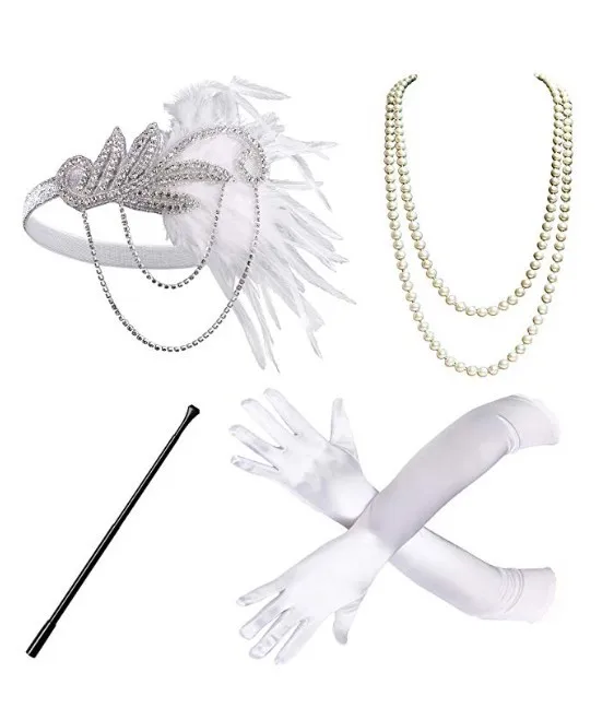 1920s Flapper Dress accessori per costumi puntelli per feste retrò GATSBY 2kw fascia collana di perle fascia di piume bianche per donna