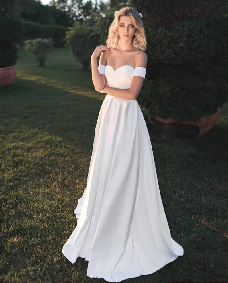 

Modest Satin Wedding Dress 2021 Sweetheart Off The Shoulder Simple White Plain A Line Bridal Gown Elegant