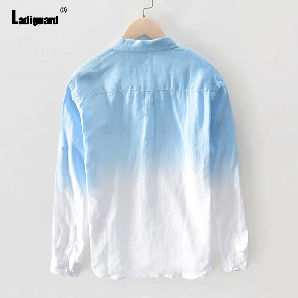 Long Sleeve Cotton Linen Shirt blusas Sexy Men clothing 2024 Single-breasted Top Lepal Collor Mens Fashion Gradient Blouse Homme