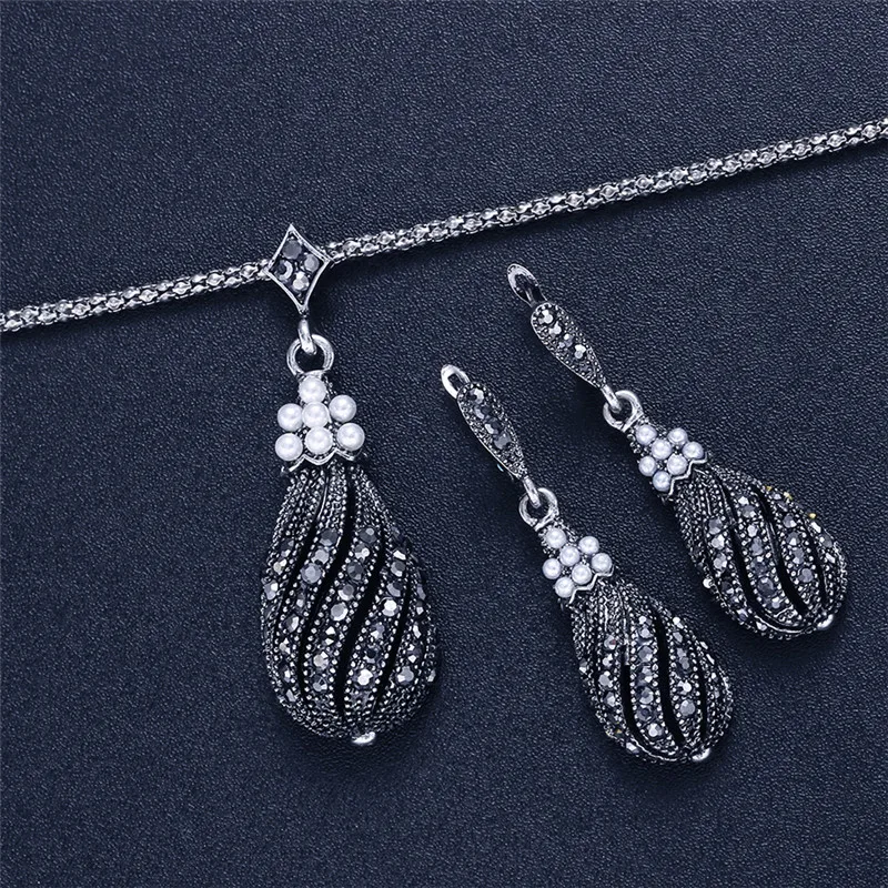 Vintage Elegant Silver Plated Black Zircon Crystal Geometric Pendant Necklace Drop Earring for Women Wedding Jewelry Sets