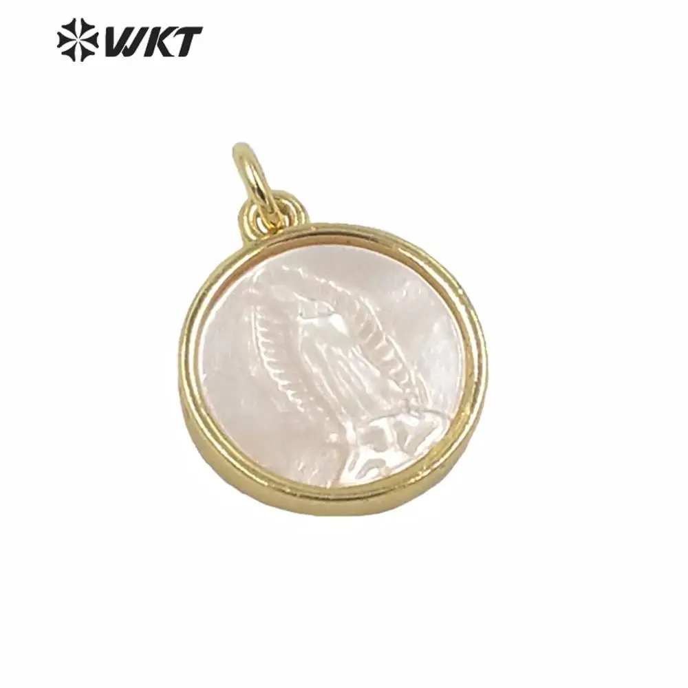 MP171 Wholesale Natural White Shell Pendant Gold Electroplated Religious Style Mother Virgin Mary Round Shape For Jewelry Making