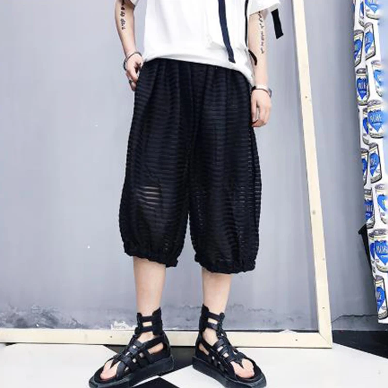 

2022 New Men's shorts Summer mesh stripe patchwork casual shorts Men's wide-leg pants thin punk gothic hip hop trend