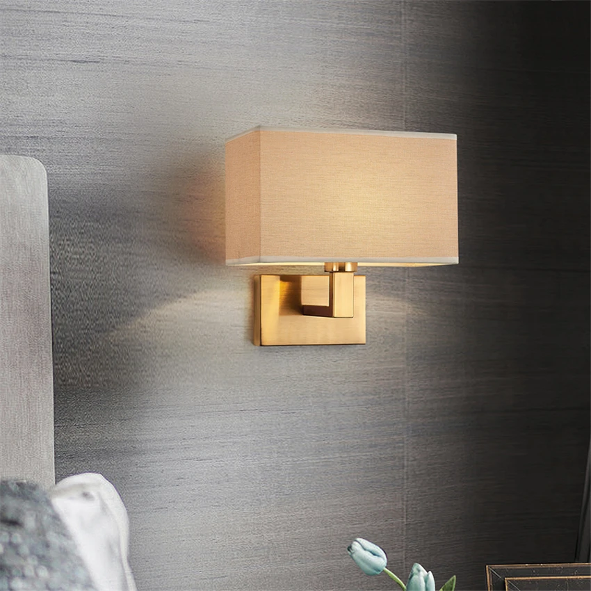 

Modern Nordic square gold wall lamps hotel bedside bedroom living room study corridor fabric wall sconces lights deco lighting