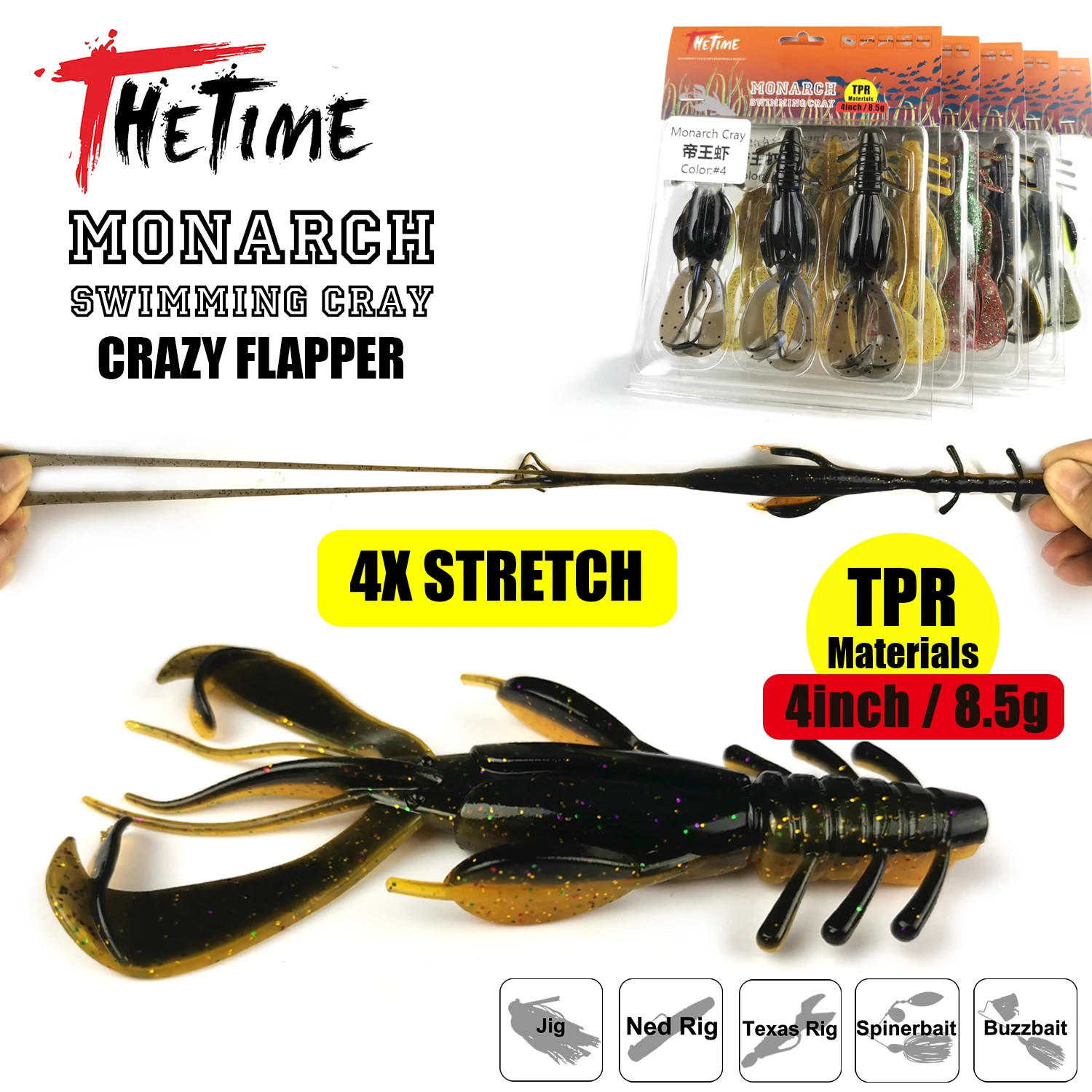 2021 THETIME New Monarch Cray Crazy Flapper 4in./8.5g Soft Shrimp Bait Silicone Texas Ned Rig Floating Crayfish For Bass Fishing