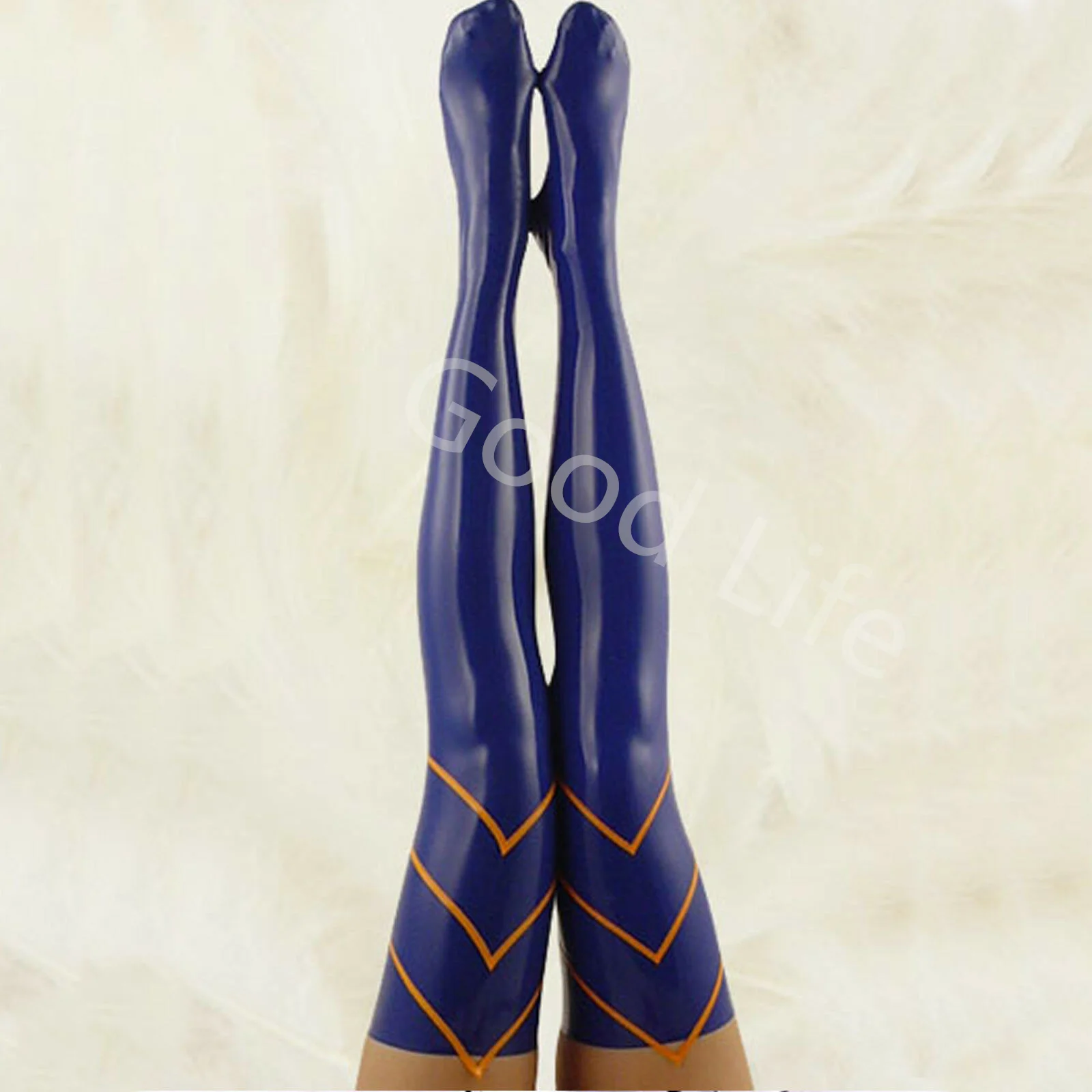 

New 100% Latex Rubber Wet look Navy Blue with Orange Stockings Size S-XXL