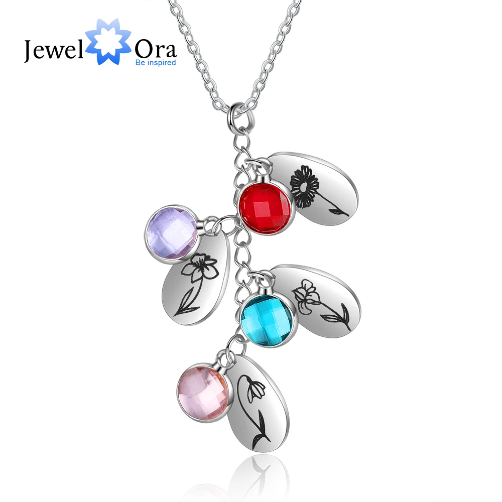 

JewelOra New Personalized Birth Flower Pendant Jewelry Customized 1-5 Birthstone Water Drop shaped Necklaces for Women Gifts