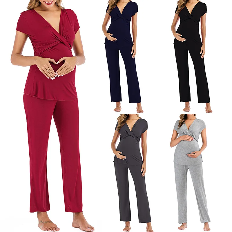 Pregnant Women Layered Maternity & Nursing Pajama Capri Set V NECK Spandex Hospital PJS Set Pregnancy Breastfeeding Sleepwear