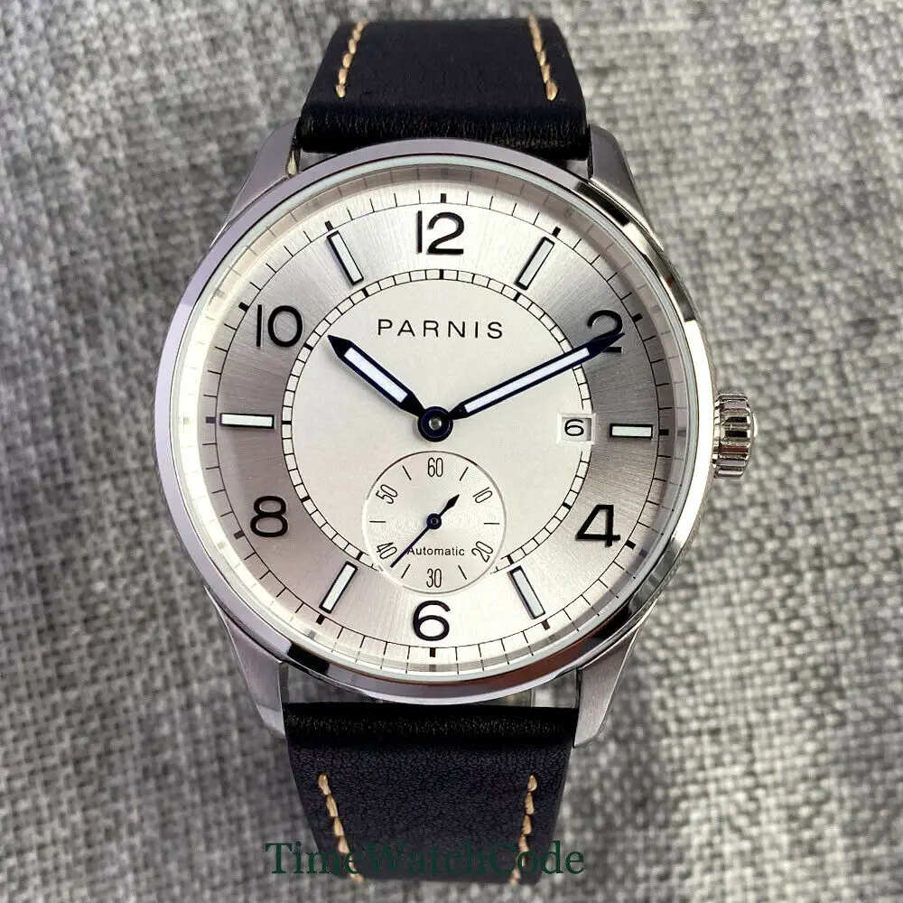 Parnis 42mm ST1731 Automatic Men's Watch White Dial Auto Date Small Seconds Blue Marks Leather Strap See-through Watch Back