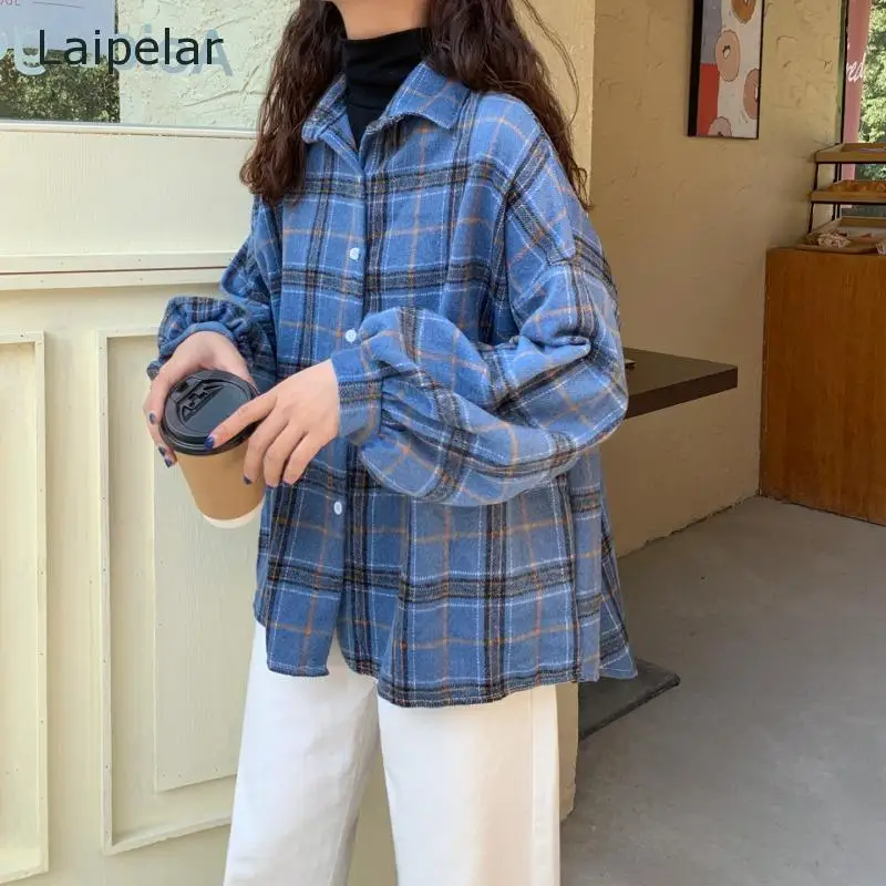 2020 Women\'s Fashion Retro Style Plaid Long-Sleeved Shirt All-Match Casual Cardigan Blouse Top