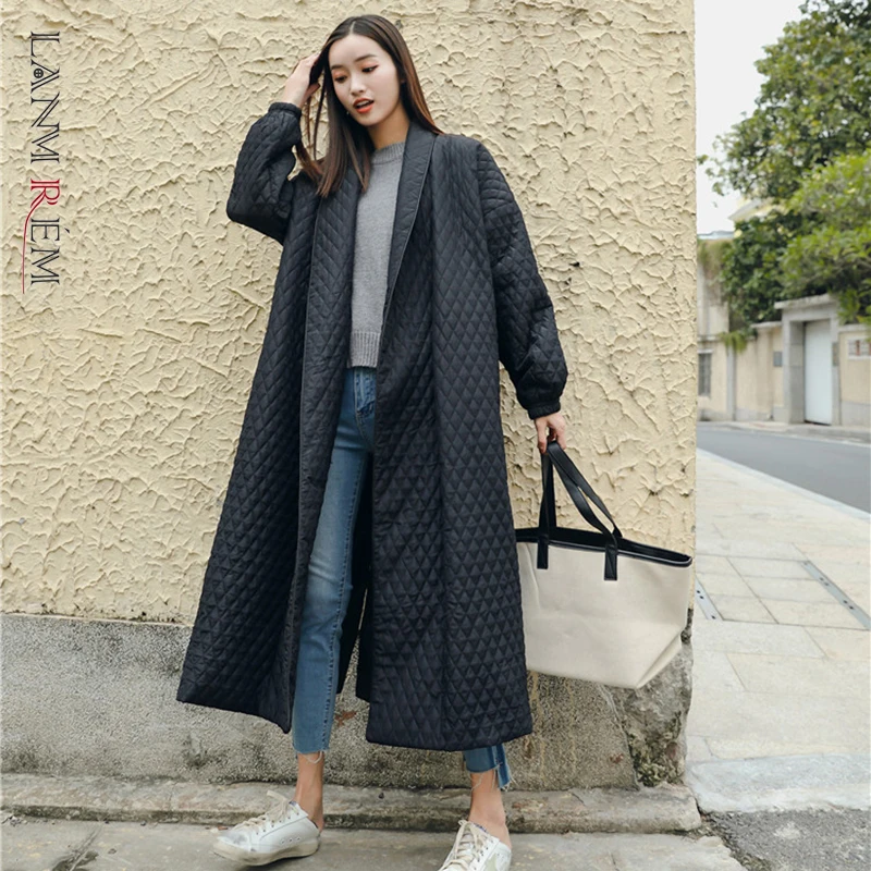 LANMREM New Street Thin Style Black Oversize Lapel Back Vent Button 2024 Female's Long Cotton Coat Jaqueta Feminina WTH1201