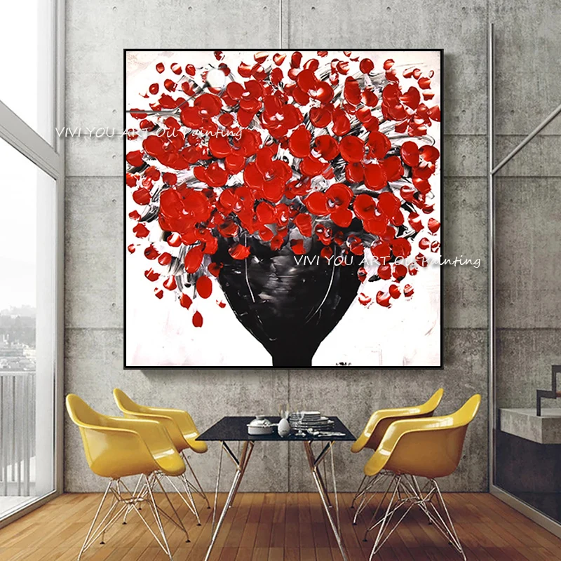 Hand Painted Textured Palette Knife Red Flowers Oil Paintings Abstract Modern Canvas Wall Art For Living Room Home Decoration