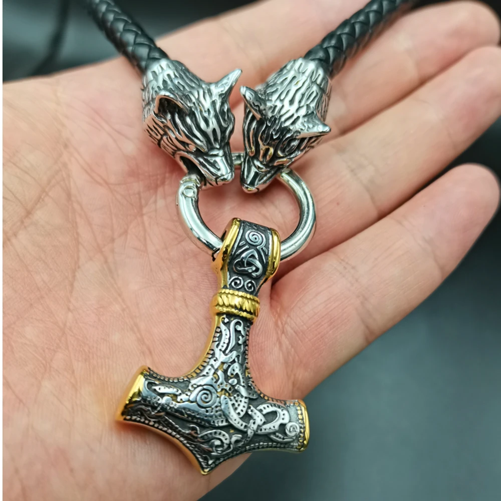 Viking  wolf head chain hanging Thor\'s Hammer Mjolnir Pendant Necklace men talisman Jewelry amulet necklace