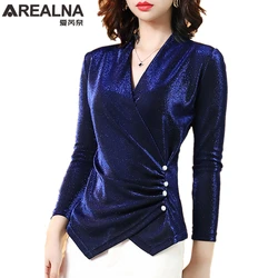 Royal Blue Black Deep V-neck Shiny Blouse Women Fashion Long Sleeve Slim Glitter Office Shirt Beaded Ladies Tops Blusas mujer