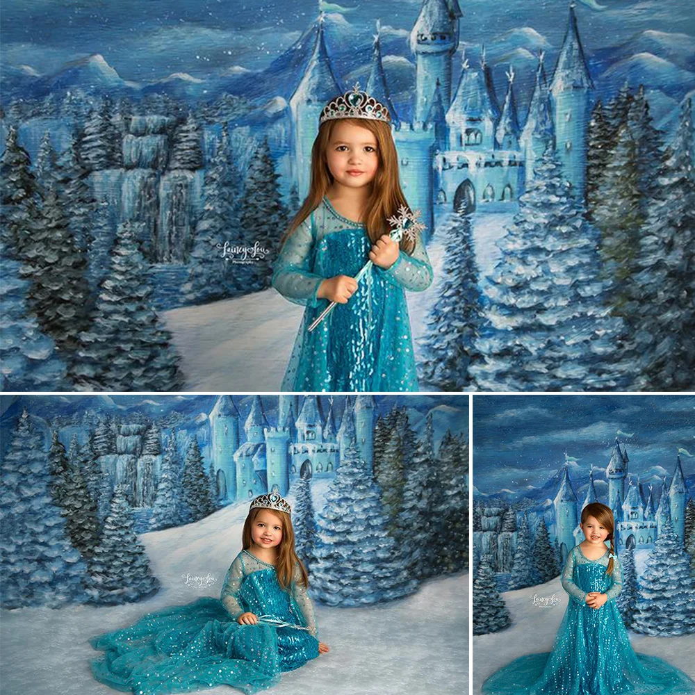 Blue Castle Sweet Girl Birthday Art Portrait Backdrop Winter Snow Forest Mountains Background Oil Painting Texture Photography