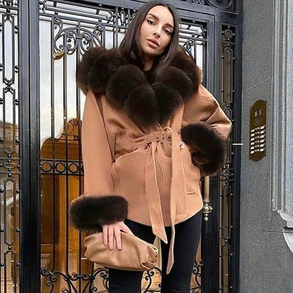 Women\'s Real Fox Fur Cashmere Coat Outwear Trendy Woman Natural Wool Blends Fox Fur Coats with Hood Thick Warm Overcoats