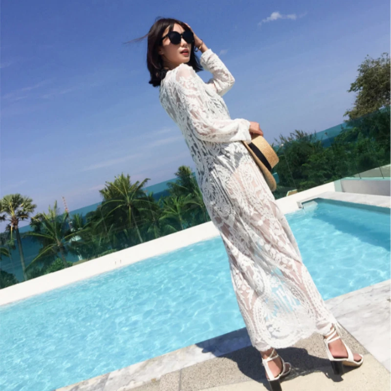 2022 Dress Beach White Lace Summer Maxi Dress Women Long Sleeve Beach Cover Up Sexy See Through Boho Bikini Beachwear Cover-ups