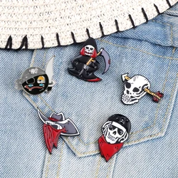 Funny Punk Skeleton Enamel Pin Pirate Sickle Red Scarf Skull Ghost Badge Brooch Backpack Clothes Lapel Pin Cool Fashion Jewelry