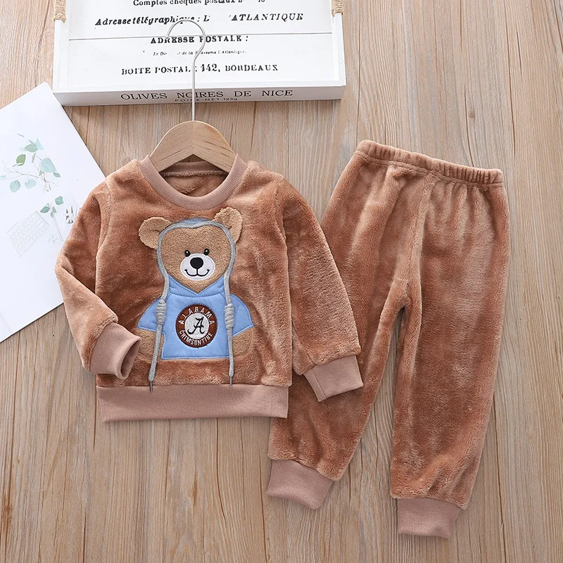 2023 Autumn Winter Boy Girl Clothes Pajamas Set Thick flannel Toddler Child Warm Cartoon Bear Sleepwear Kids Home Suit 0-5Y