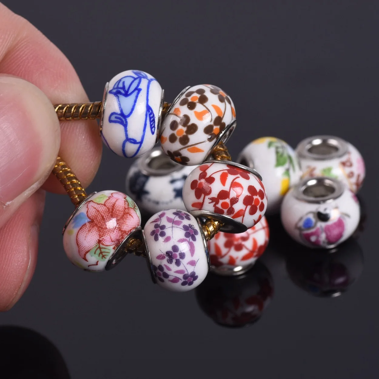 10pcs 12x9mm Flower Patterns Round Ceramic Porcelain European Charms Loose Big Hole Beads Lot for DIY Bracelet Jewelry Making