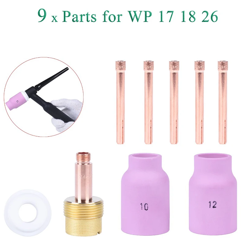 9Pcs TIG Welding Torch Large Long Gas Lens & Alumina Cup for WP17 WP18 WP26 TIG Collet Bodies Spares Kit Accessories