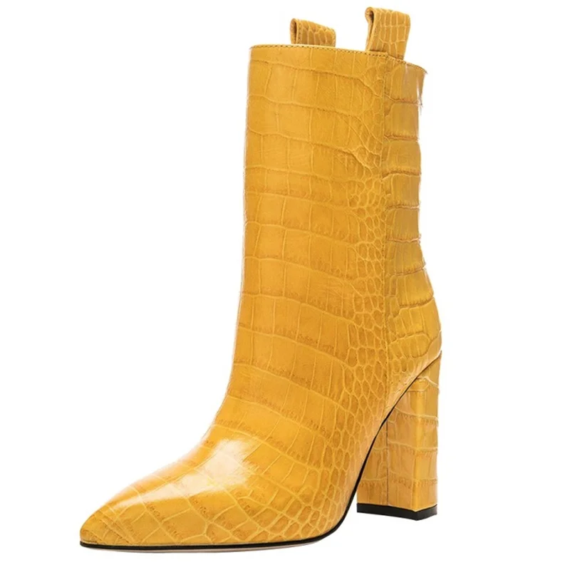 

Stone Stripes Slip On Ankle Booties Solid Yellow Chunky Heels Pointed Toe Short Boots High Heeled Autumn Winter Leather Shoes