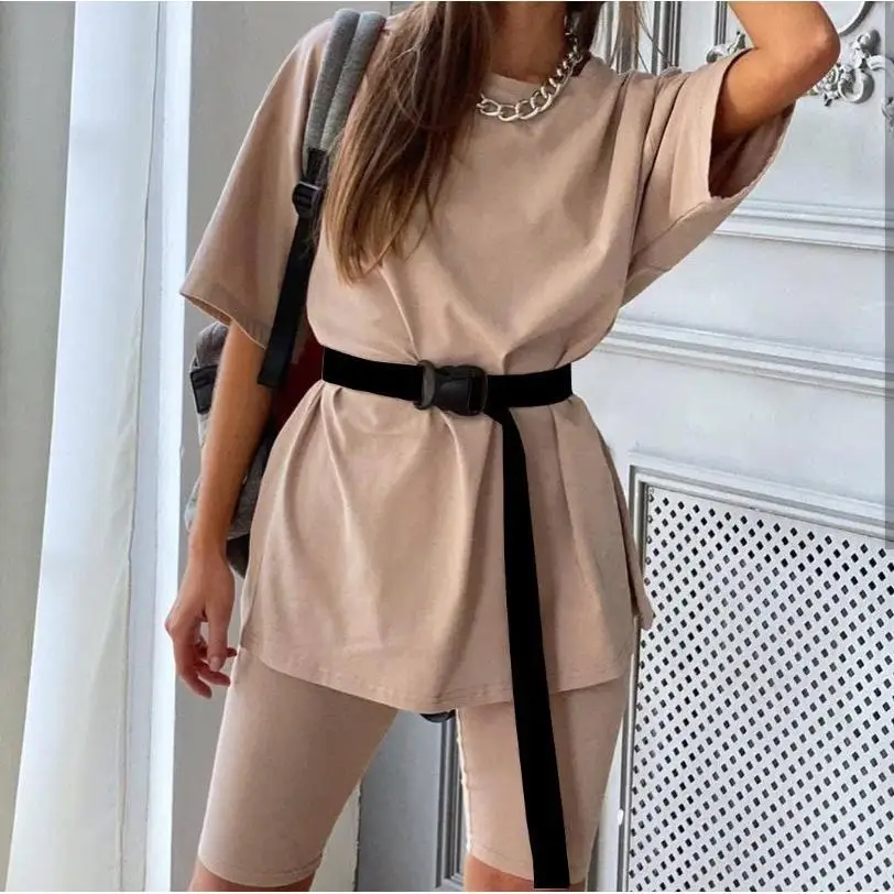 Women\'s Two Piece Set Short-Sleeve Round Collar T-shirt +Smallclothes Suit Casual Loose Womens Outfits With Belt Biker Shorts