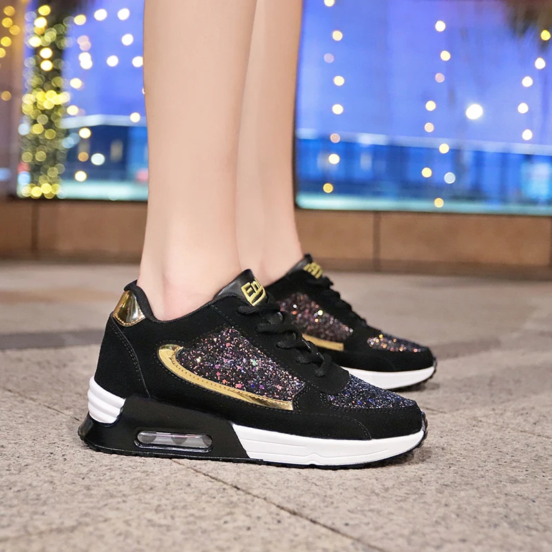 Women Lace Up Sneakers Glitter Autumn Flat Vulcanized Ladies Bling Casual Female Fashion Platform Plus Size Shoes 2022