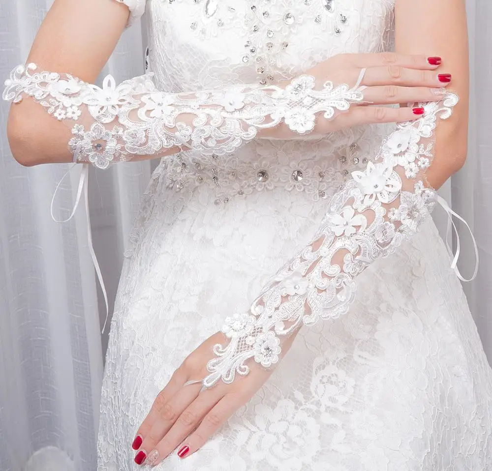 JaneVini Elegante Frauen Weiß Spitze Hochzeit Handschuhe Finger Ellenbogen Länge Appliques Perlen Lange Braut Party Hochzeit Zubehör