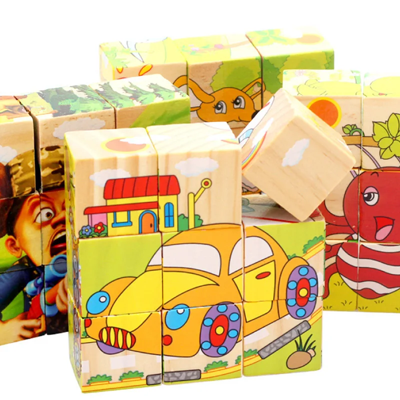 High Quality 9pcs Wooden Three-dimensional Puzzle Children's Educational Toys 3D Building Blocks Six-sided Painting