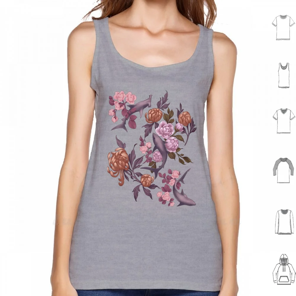 Botanical Sharks ( Pink And Gold ) Sleeveless Tank Top Vest Cotton Shark Floral Botanical Chrysanthemums Blossoms Roses Marine