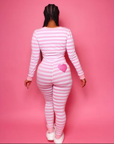 New Sexy Women Long Sleeve V-neck Stripe Playsuits One Piece Pajamas Nightwear Cute Sleepwear Romper Set