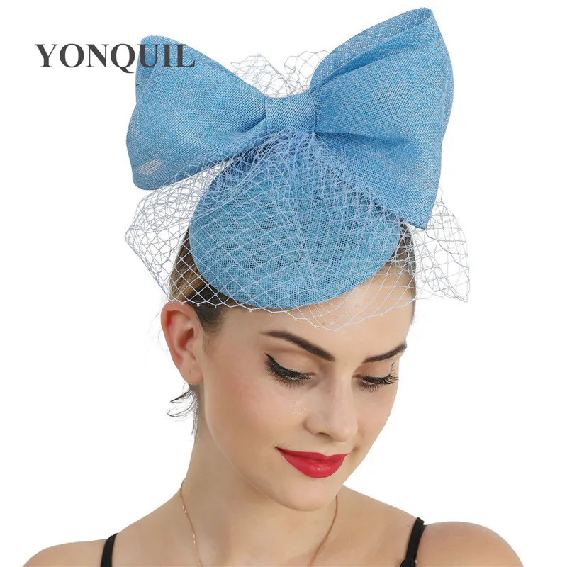 Light Blue Bow Wedding Hat Women Chic Fascinator Hairpin Bride Elegant Headpiece Hair Clip Mesh Hair Accessory Ladies Millinery