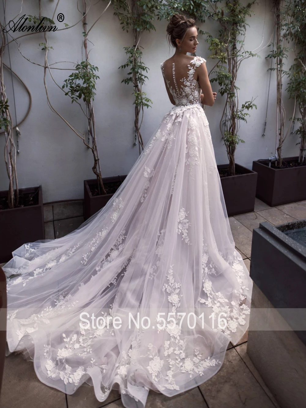 Alonlivn Custom Made Whole Floral Prints 2 In 1 Wedding Dresses Removable Train Sleeveless Appliques Bridal Gowns Customize Made