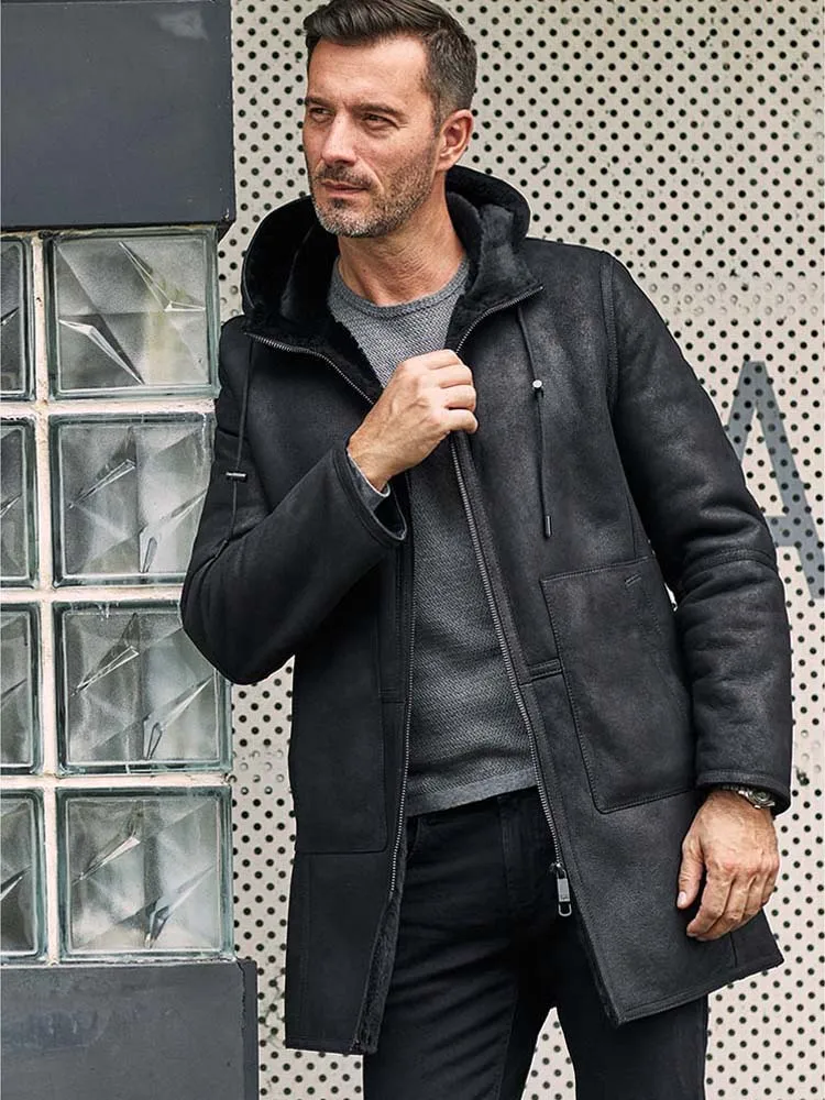 New Mens Sheepskin Shearling Coat Hooded Leather Jacket Long Winter Overcoat Natural Warm Fur Outwear