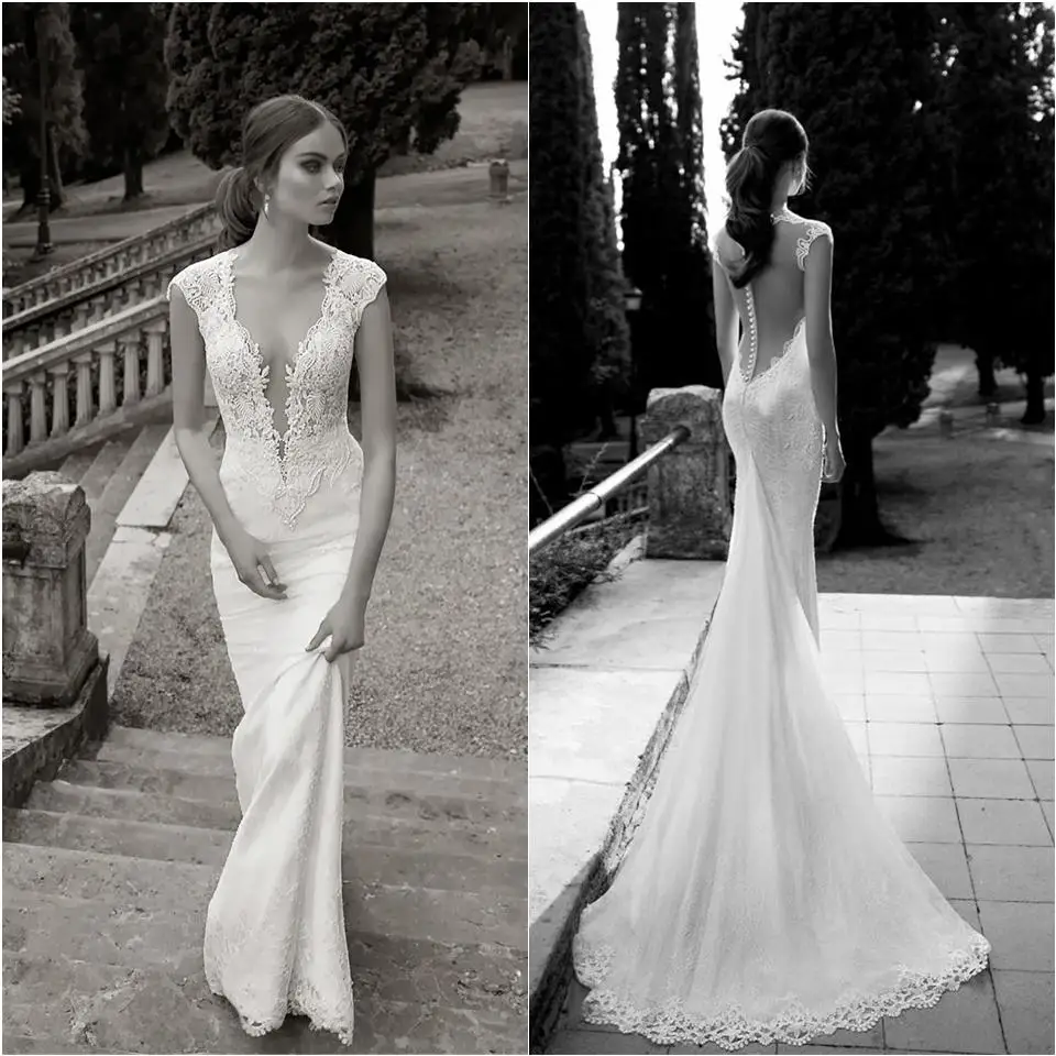 Vestidos de novia transparentes de jardín con encaje cubierto con botones de manga corta, vestido de sirena Sexy