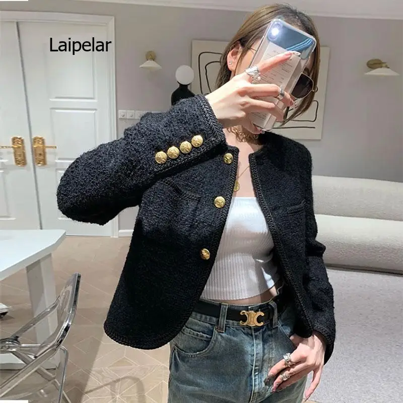 

New High Quality Women Fashion Jackets Black Tweed Two Pockets Golden Buttons Elegant Coats Spring Autumn Women Clothes