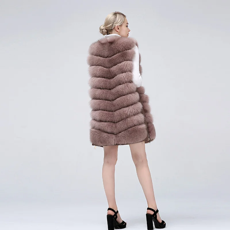 Natural Women\'s Fox Fur Coat Vest New Zipper Long Coat Winter Warm Coat Natural Fur True Fox Vest Jacket Free Shipping