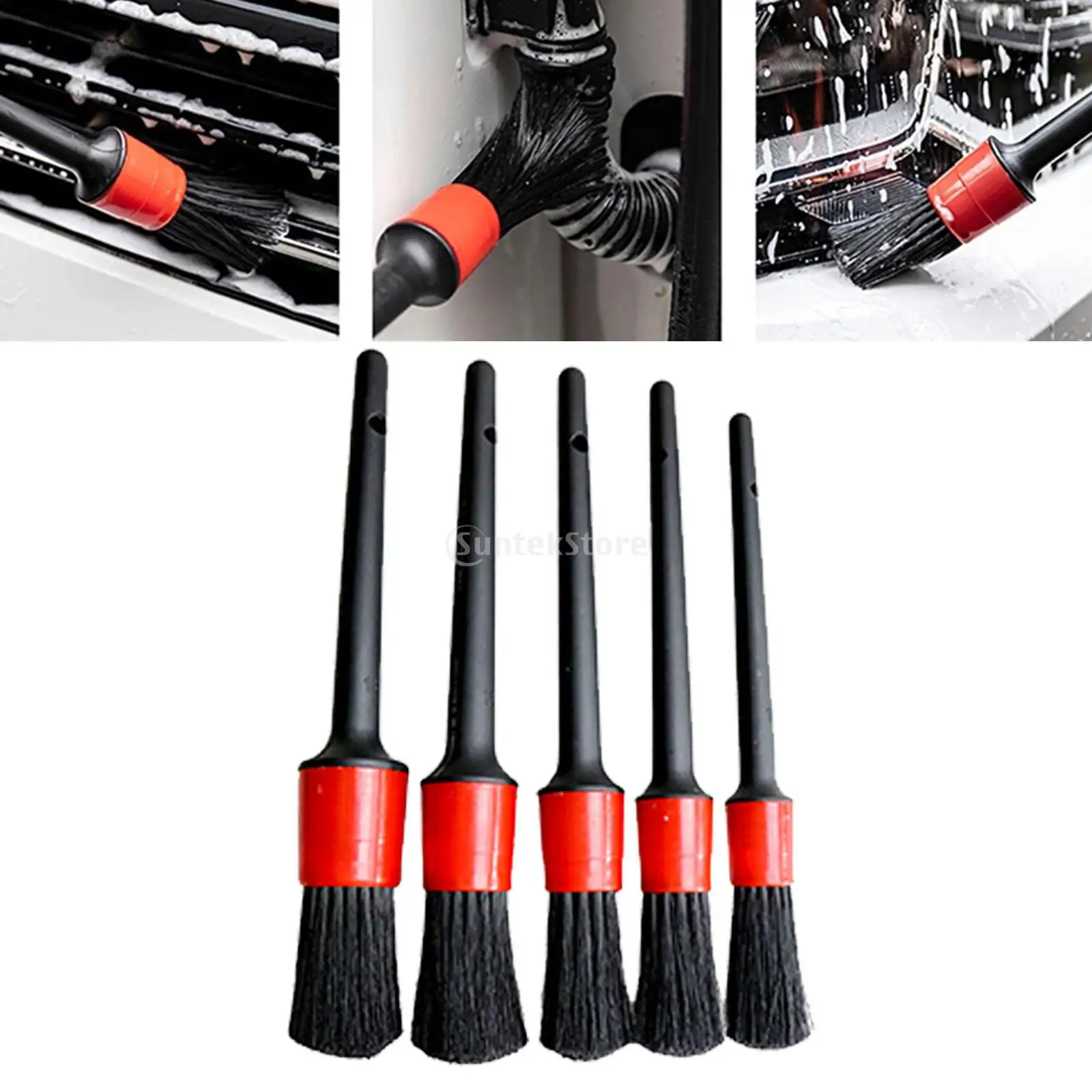 Car Interior Detailing Brush Set 5 Different Brush Sizes Plastic Handle Premium Natural Boar Hair Mixed Fiber