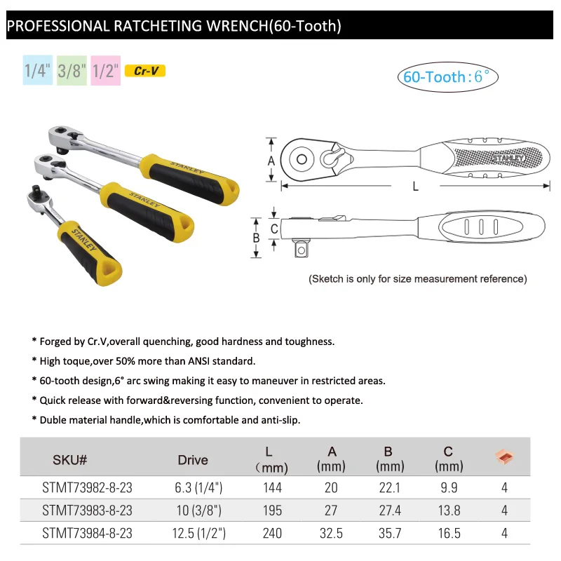 Stanley 1pcs Professional 1/4 3/8 1/2 Ratchet Wrench Spanner Mechanical Workshop Tools Wrenches for Socket Garage Auto Bicycle