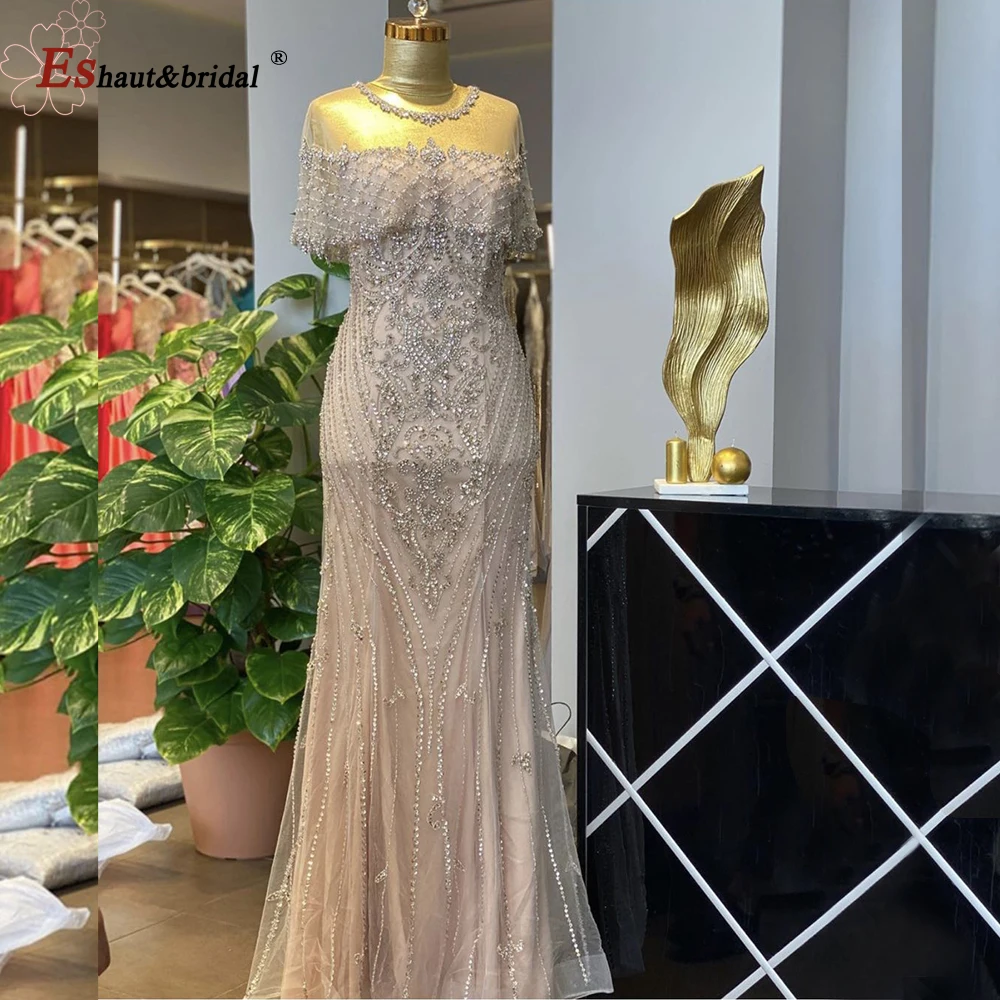 Luxury Mermaid Evening Night Dress for Women 2023 O Neck Beads Crystal Short Sleeves Long Formal Prom Wedding Party Gown