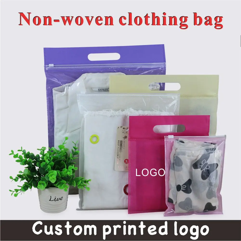 Clothing Packaging Bag with Printed Logo, Non-woven Clothes Zipper Bag, Storage, Transparent, Self-styled, Boys and Girls