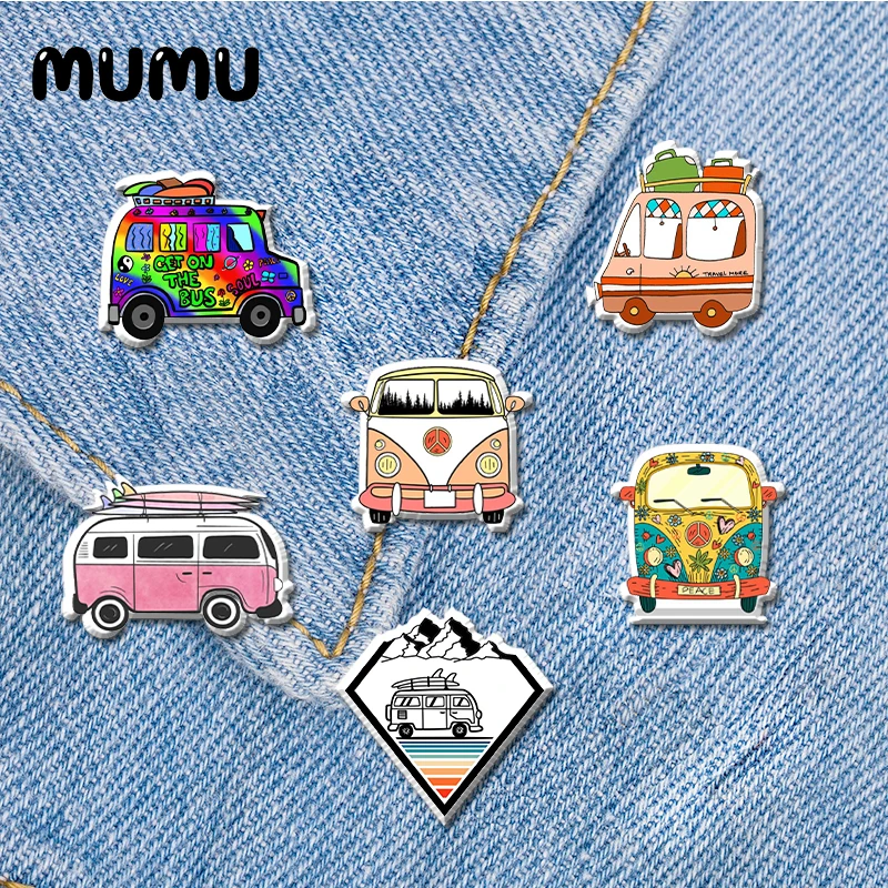 2021 New Peace Bus Lapel Pin Cute Touring Car Acrylic Brooches Handmade Epoxy Jewelry Shirt Bag Badge